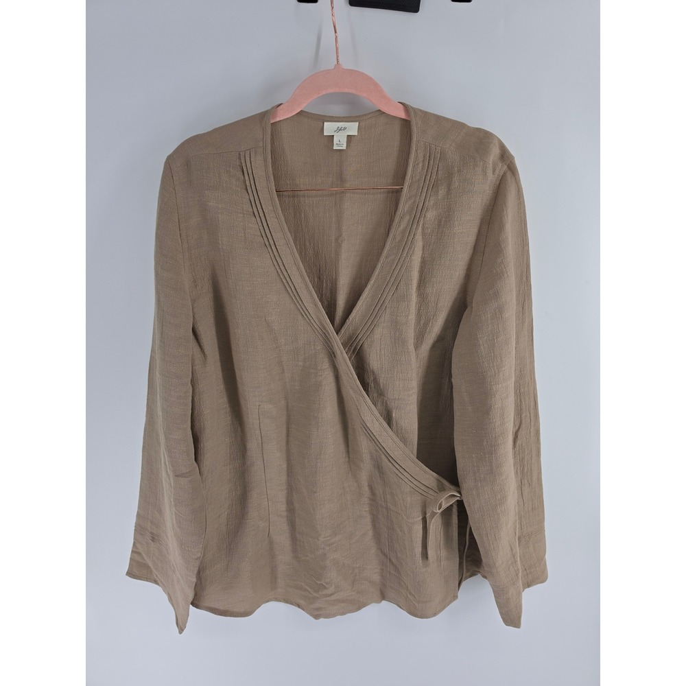 J. Jill Hemp Silk Blend Wrap Blouse Taupe Brown Long Sleeve Surplice Top L
